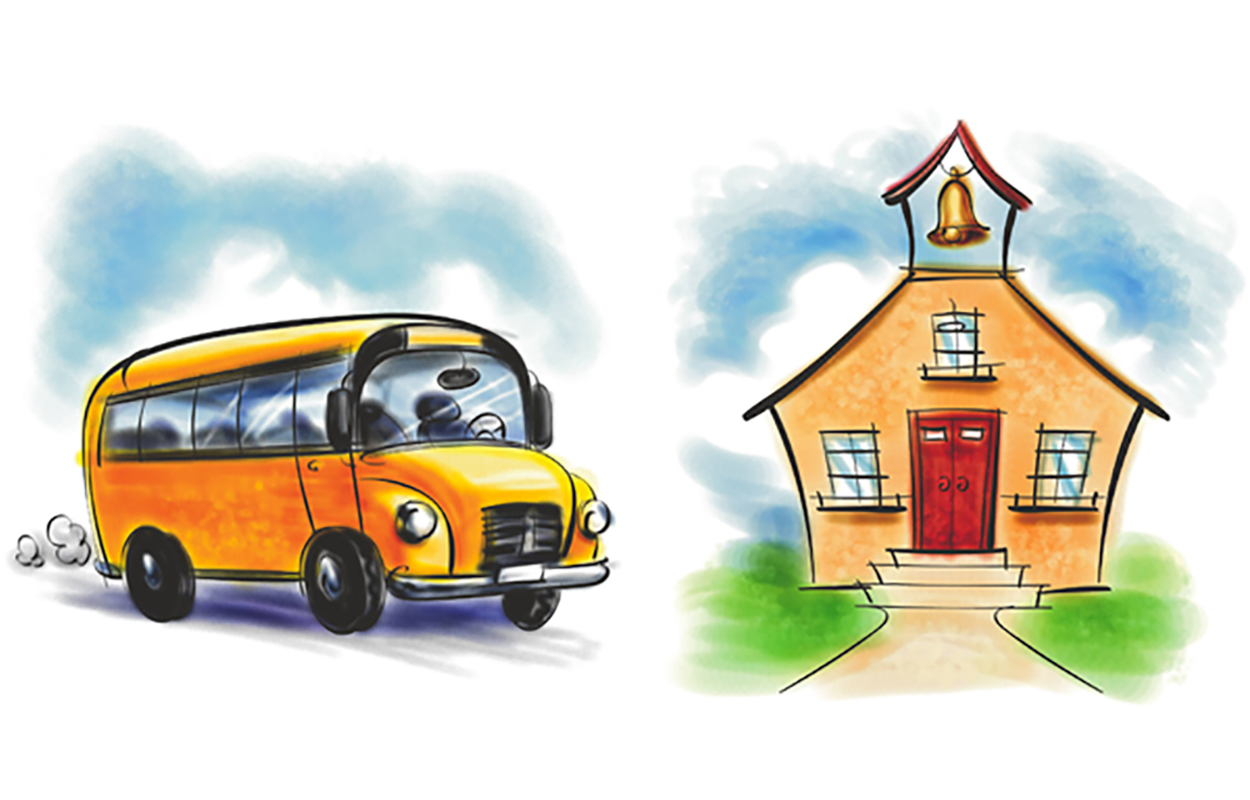 drawing of school bus and schoolhouse
